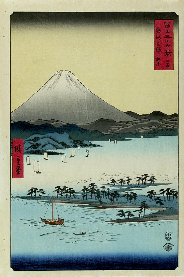 Ando Hiroshige Woodblock Miho-no-matsubara Promontory: Artist: Utagawa HIROSHIGE Title: Miho-no-Matsubara promontory Series: Thirty-six Views of Mt. Fuji Publisher: Tsuta-ya Date: 1858 (this an early 20th century impression from recarved blocks) Medium: W