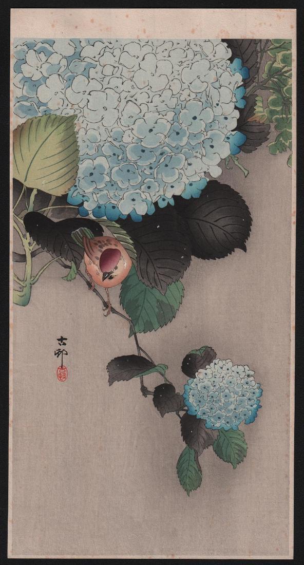 Ohara Koson Woodblock Sparrow on Hydranga (1 of 2)