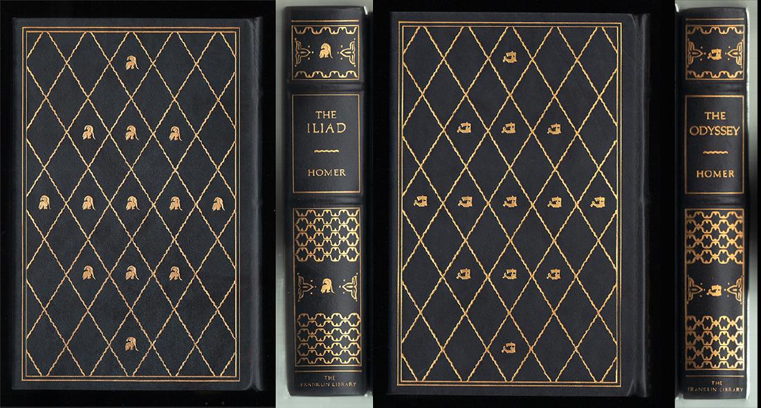 The Iliad and The Odyssey full leather, limited ed.: 1976 limited edition set from the Franklin Library. Full leather with gold page edges and titling. Two raised bands on spine. These appear to have never been read—they are in near mint condition. Ri