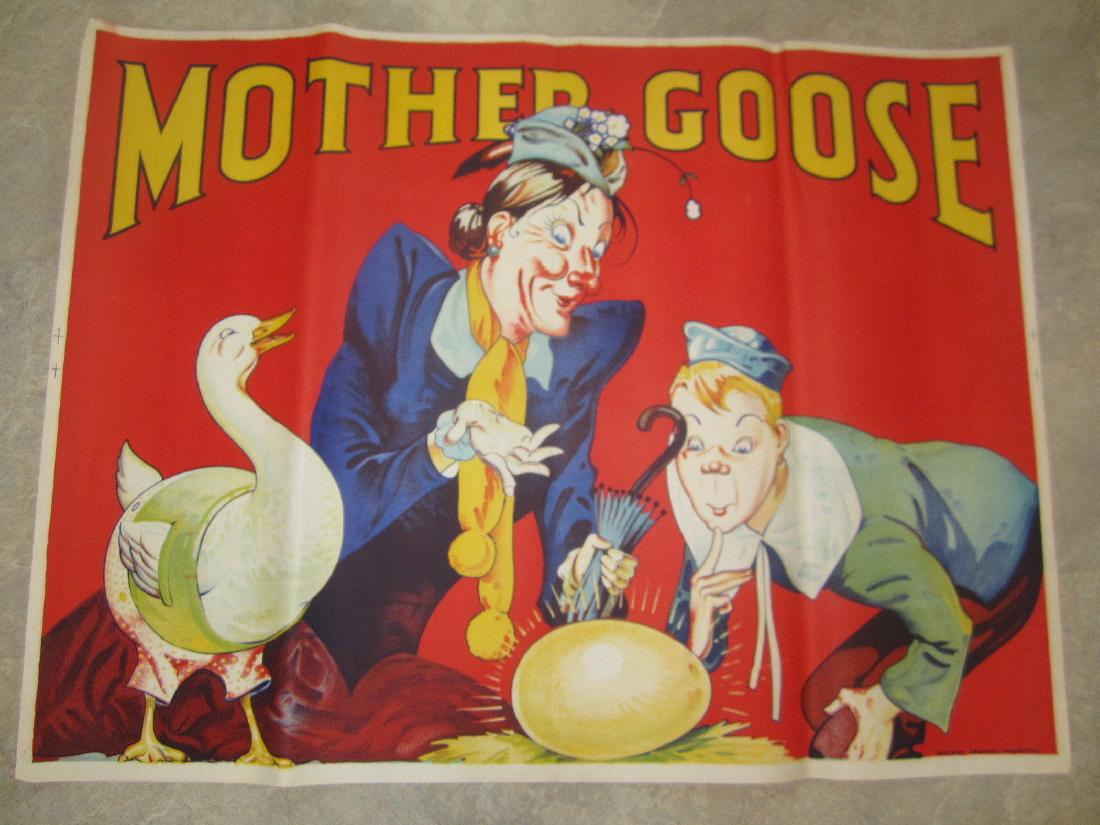 Old Vintage 1930's MOTHER GOOSE THEATRE Show POSTER: Original Old Vintage 1930's - MOTHER GOOSE - THEATRE Show POSTER - Pantomime Taylors Printers Wombell Yorks SIZE: 30"x40" CONDITION: Overall Very Good - with light crease marks from being stored with 