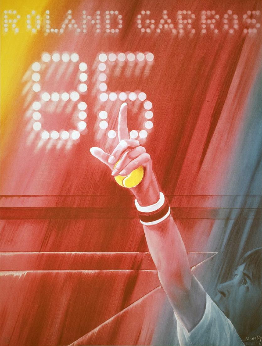 Jacques Monory Roland Garros: Roland Garros by Jacques Monory, 1985 Signed Offset Lithograph. Paper size is 29.25 x 22.25 inches, with an image size of 29.25 x 22.25 inches. The Offset Lithograph is from an edition size of 150 and