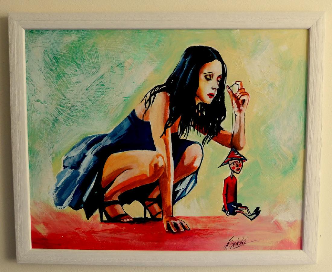 Krzysztof Senski Puppet: Krzysztof Senski Puppet oil and acrylic on board 44cm x 36 cm/17,32 x 14,17 inch. Original painting by Polish artist.It is framed and ready to be hung on the wall. It's signed at the front and back. K