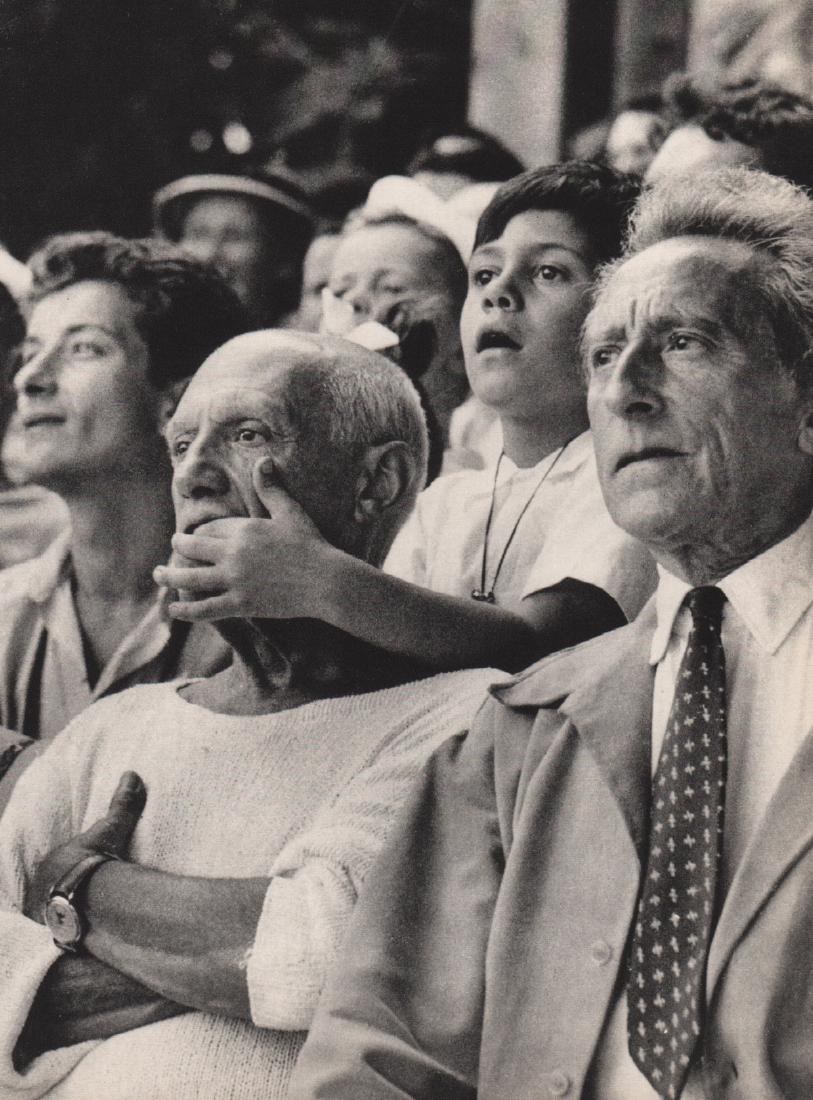 BRIAN BRAKE - Picasso & Cocteau: Artist: BRIAN BRAKE Print Title: Picasso with his son, Claude & Jean Cocteau at a Bullfight Medium: Sheet-fed Gravure Printing Date: 1958 Printed in Japan Image Size: 7 x 9.5 inches John Brian Brake O