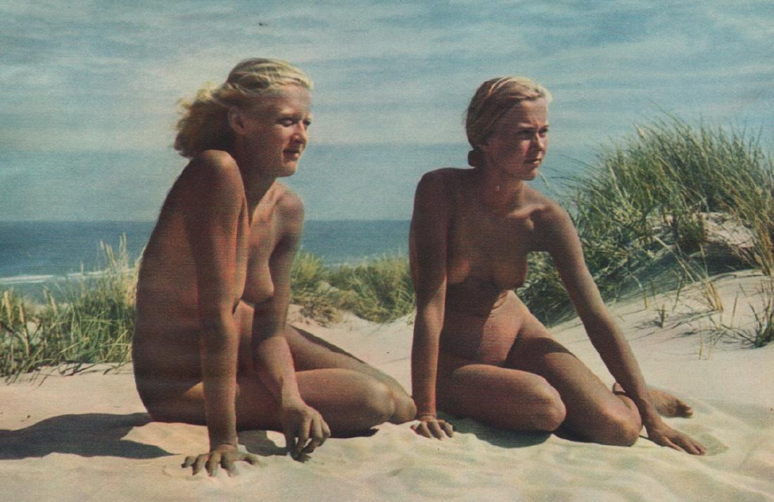 KURT REICHERT - Nudes on the Beach: Artist: KURT REICHERT Print Title: Nudes on the Beach - from a rare war time portfolio Medium: Color Sheet-Fed Gravure Printing Date: 1940 Printed in Germany Image Size: 5.5 X 3.75 inches Please note 