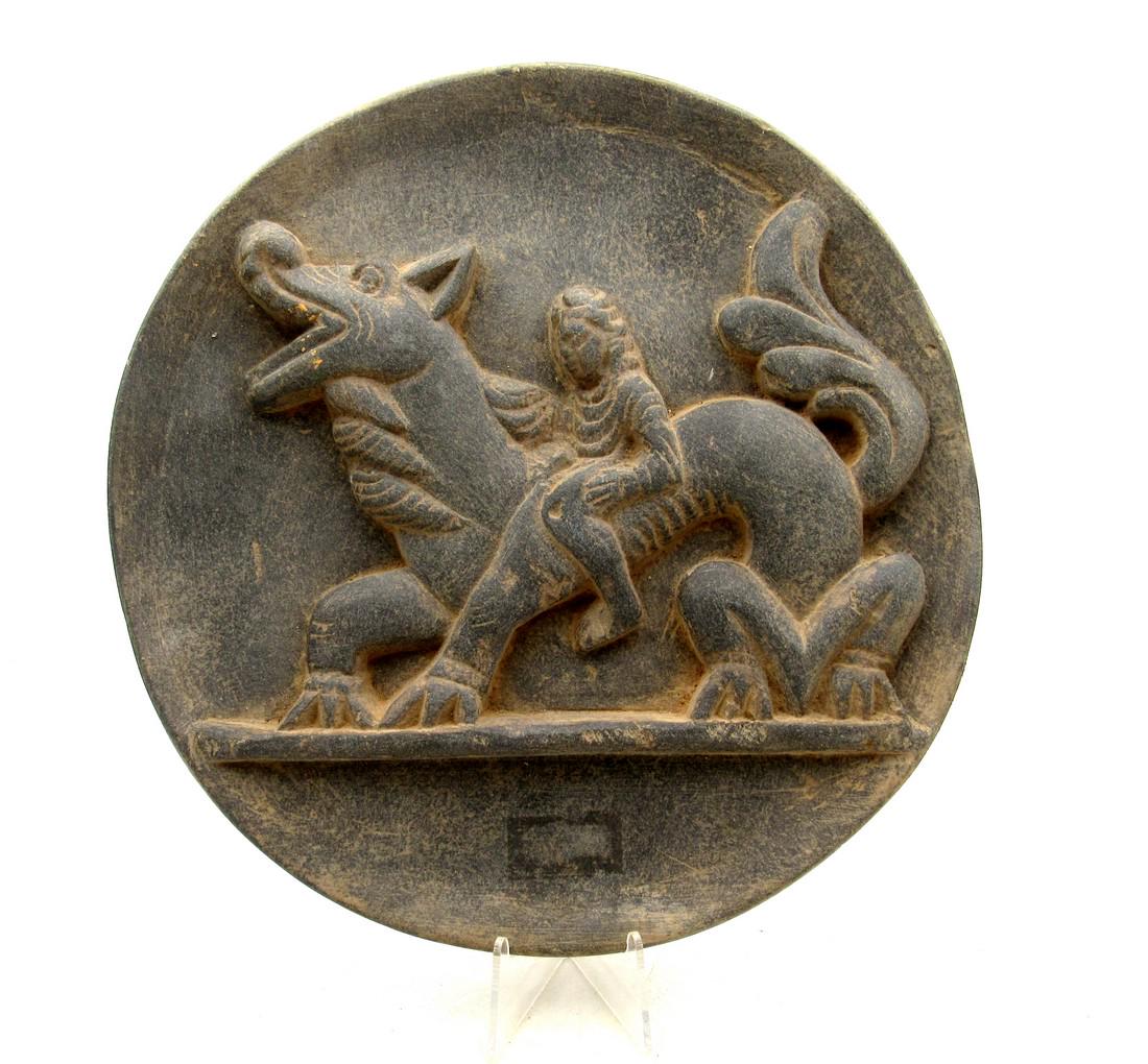 Ancient Gandhara Schist Plate with Warrior on Dragon (1 of 3)