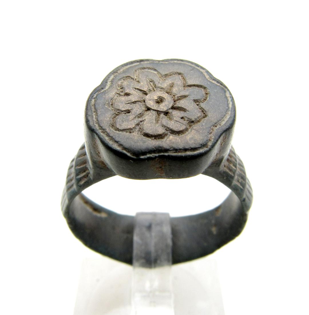 Ancient Roman Bronze Ring with Flower on Bezel (1 of 3)