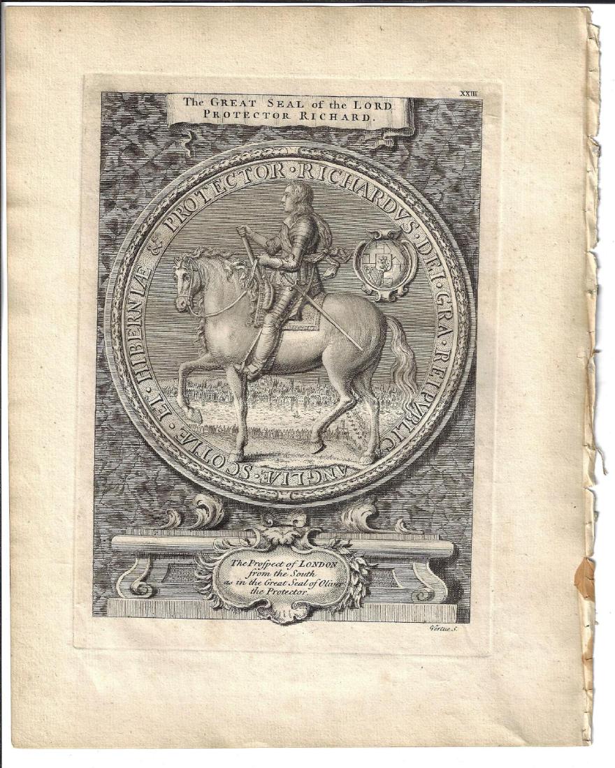 1752 Engraving Great Seal of Richard Cromwell: 1752 Engraving of “The Great Seal of the Lord Protector Richard”, by George Vertue, London. Fine, measures 9 x 11.25”. Please note that this lot has a confidential reserve. When you leave a bid