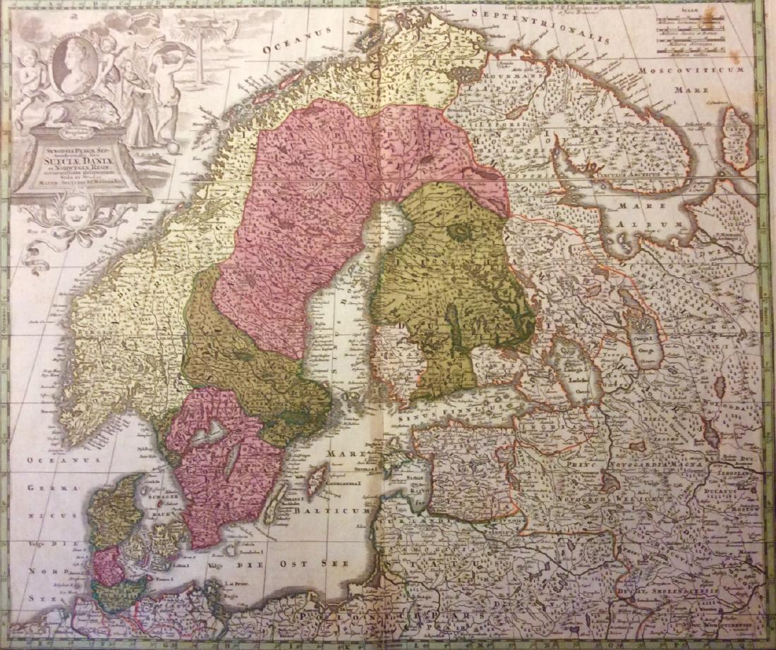Scandanavia with Baltic States by Seutter: Title/Content of Map: Scandanavia with Baltic States by Seutter Date: c1740 Cartographer: Matthaus Seutter Material/Medium: Paper Size: 19" x 23" Provenance: New York Original hand colored coppeprlate