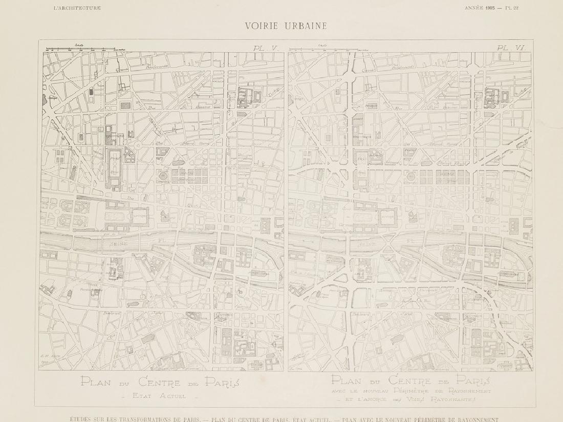 Two maps architecture transformation Paris 1904 Eugene: Beautiful lithography of 1904 of architecture, two maps about transformation of Paris in particular the centre by the architecte Eugene Henard. Date: 1904 Atlas: L Architecture, 1904 Technique: Lithog
