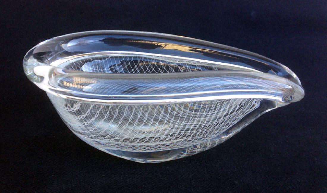 Czech Harrtil or Merletto bowl, Harrach, 1950’s: A 1950’s Czech glass bowl from Harrach/ Harrachov glassworks. A fine lattice work (harrtil) of white glass, cased in clear glass into a Merletto bowl of extended drop shape. Length "6 ½/ 17 cm, hei