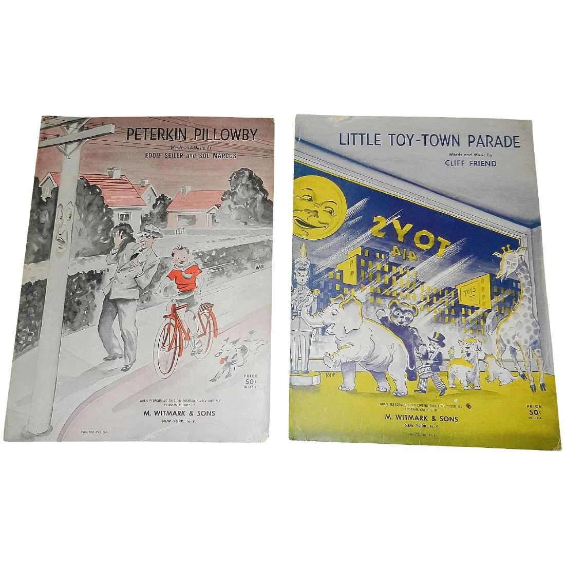 Vintage Sheet Music for Little Toy-Town Parade and: Both of these unique pieces Little Toy-Town and Peterkin Pilowby are in very good condition. The vintage sheet music titled “Little Toy-Town Parade” copyrighted in 1950 by M. Witmark & Sons. Words