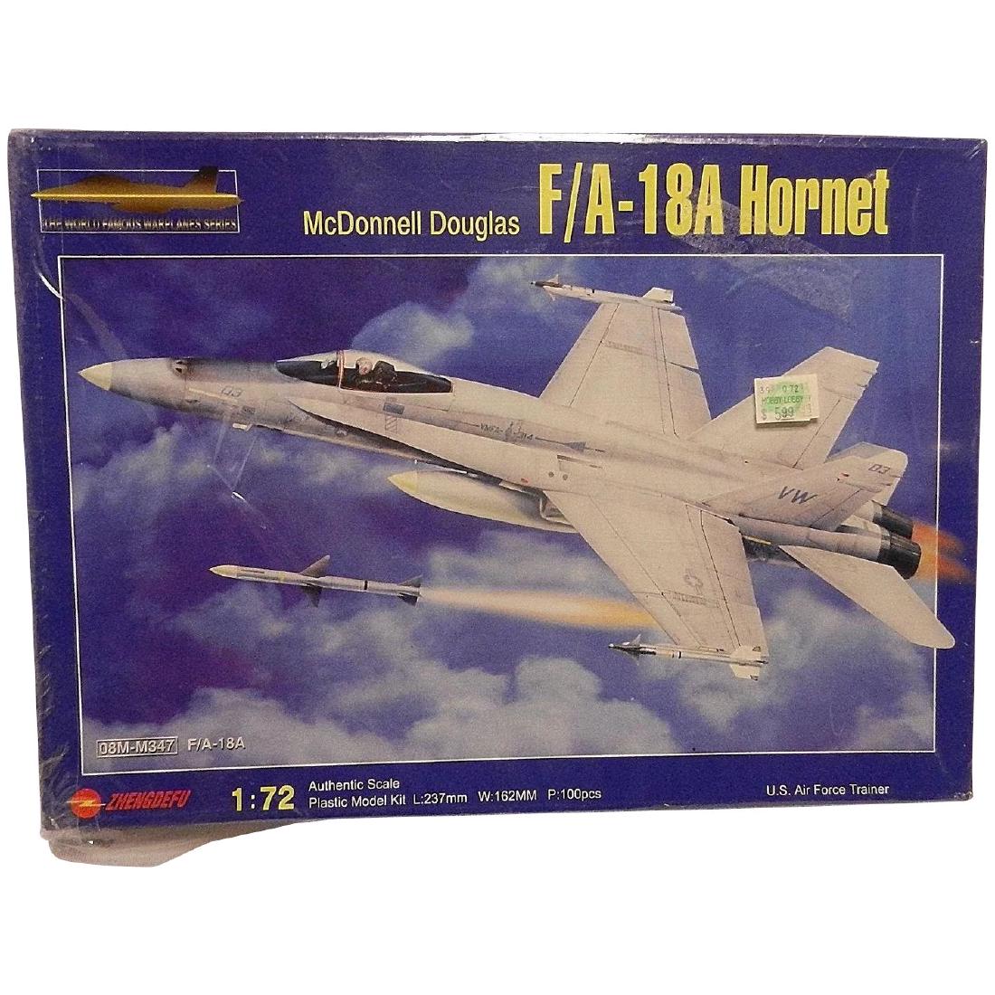 Vintage Zhengdefu McDonnell Douglas F/A-18A 1:72 Hornet: This Vintage Zhengdefu McDonnell Douglas F/A-18A Hornet Model Kit has never been opened. Measurements are L: 237mmW: 162mmP: 100 pcs. Box is in great condition- Never Opened! still has most of the ori