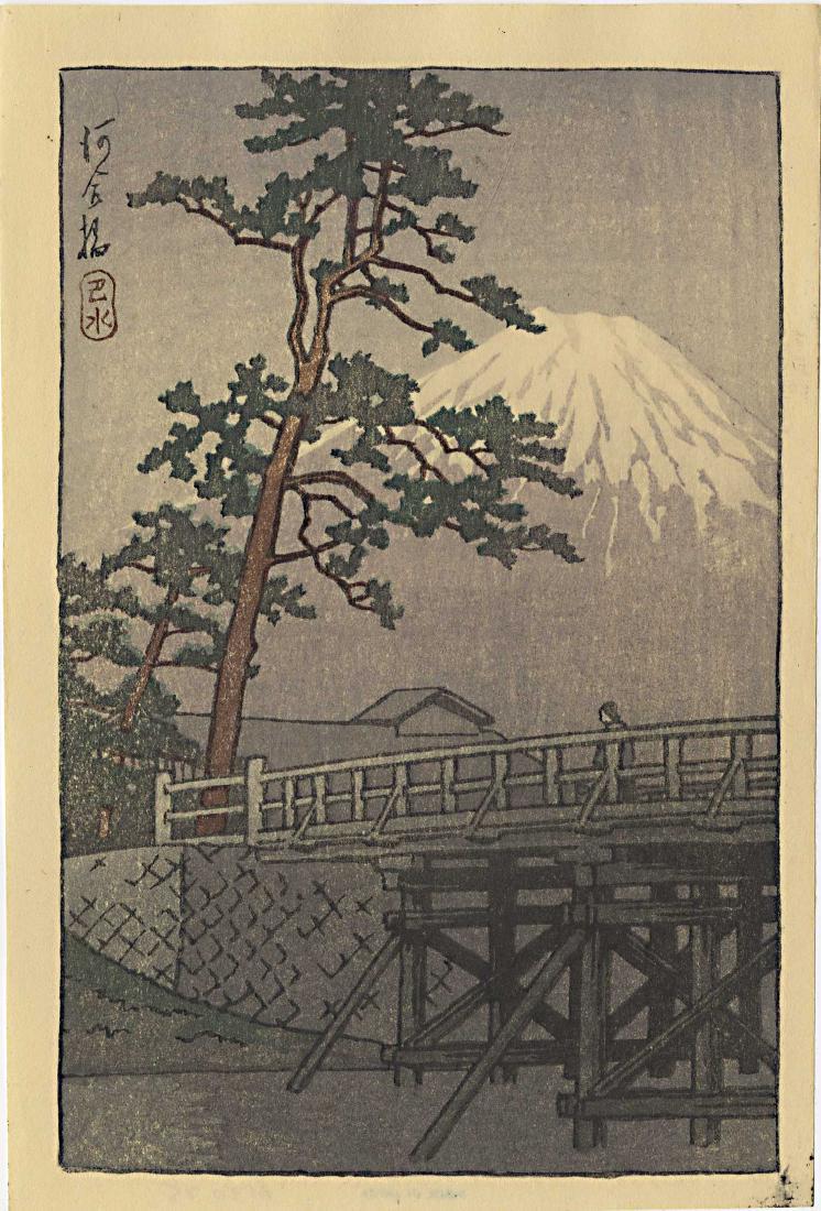 Hasui Kawase Woodblock Dusk at Kawai Bridge: Title: Dusk at Kawai Bridge (Kawaibashi) Artist: Hasui Kawase Publisher: Watanabe Date: 1936, Hasui seal a bottom right Medium: Japanese woodblock print Hasui Kawase (1883-1957) was a Japanese artist 