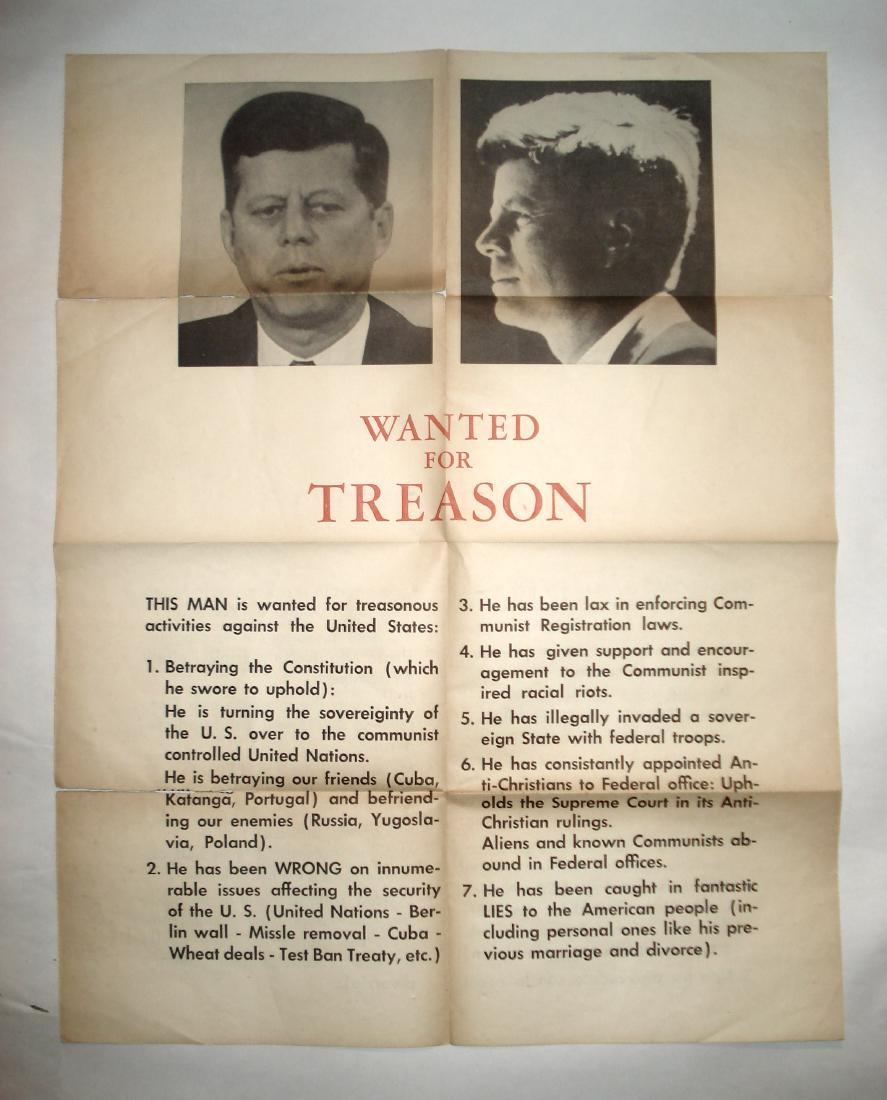 John F. Kennedy, c.1963, rare "Wanted For Treason" (1 of 1)