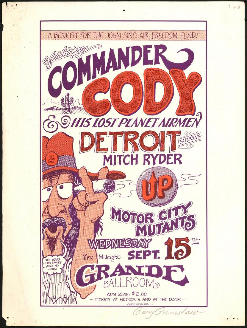 Signed Commander Cody Grande Ballroom Handbill: Artist: Gary Grimshaw Title: Signed Commander Cody Grande Ballroom Handbill Printing Date: 1971 Medium: Lithograph Size/Format: 9 ¾" x 13" Publisher: Russ Gibb Series: Grande Ballroom Commander Cody 
