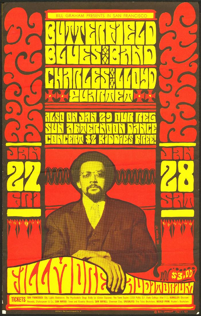 BG-47 Paul Butterfield Poster: Artist: Wes Wilson Title: BG-47 Paul Butterfield Poster Printing Date: 1967 Medium: Lithograph Size/Format: 14½ " x 22? " Publisher: Bill Graham Series: Bill Graham Presents The Butterfield Blues Ban