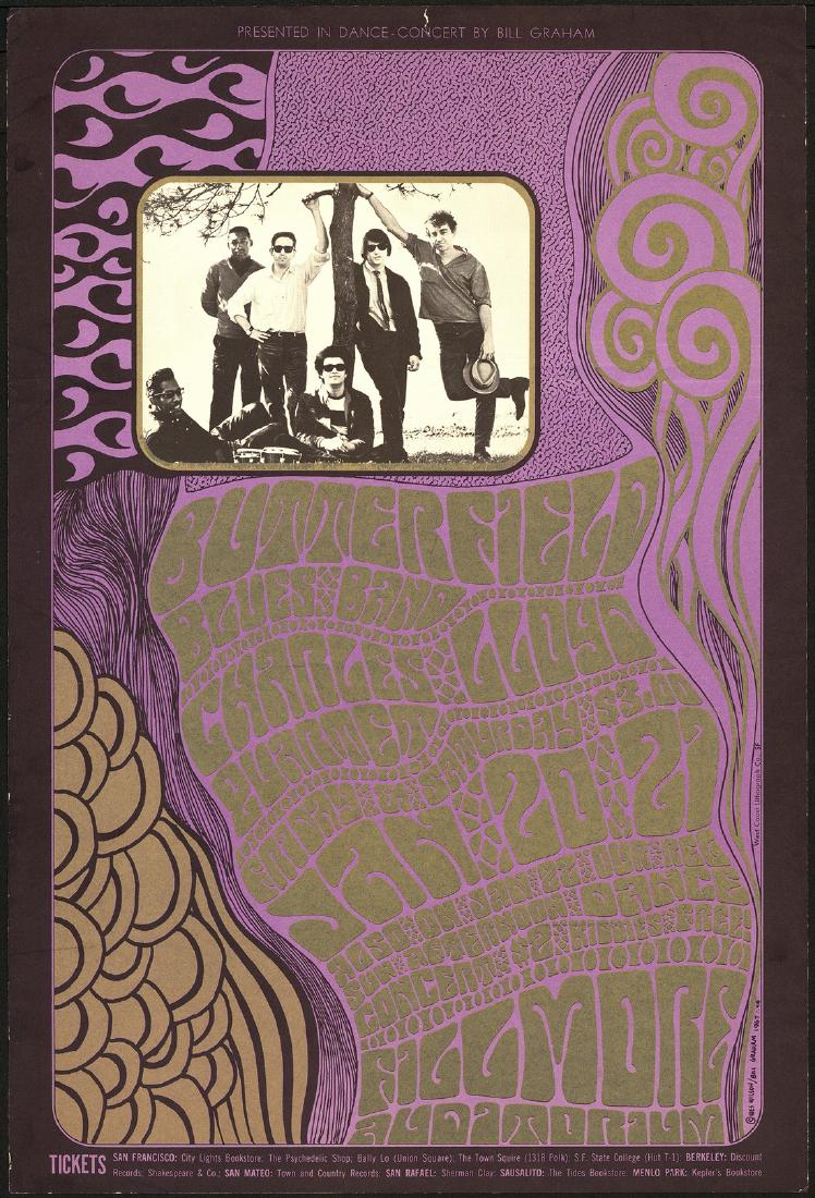 BG-46 Paul Butterfield Poster: Artist: Wes Wilson Title: BG-46 Paul Butterfield Poster Printing Date: 1967 Medium: Lithograph Size/Format: 14¾" x 21?" Publisher: Bill Graham Series: Bill Graham Presents This is a great-looking, sl