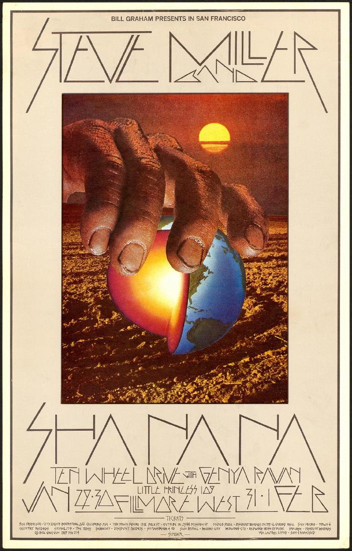 BG-214 Steve Miller Poster: Artist: David Singer Title: BG-214 Steve Miller Poster Printing Date: 1969 Medium: Lithograph Size/Format: 14" x 22" Publisher: Bill Graham Series: Bill Graham Presents Steve Miller and Sha Na Na appe