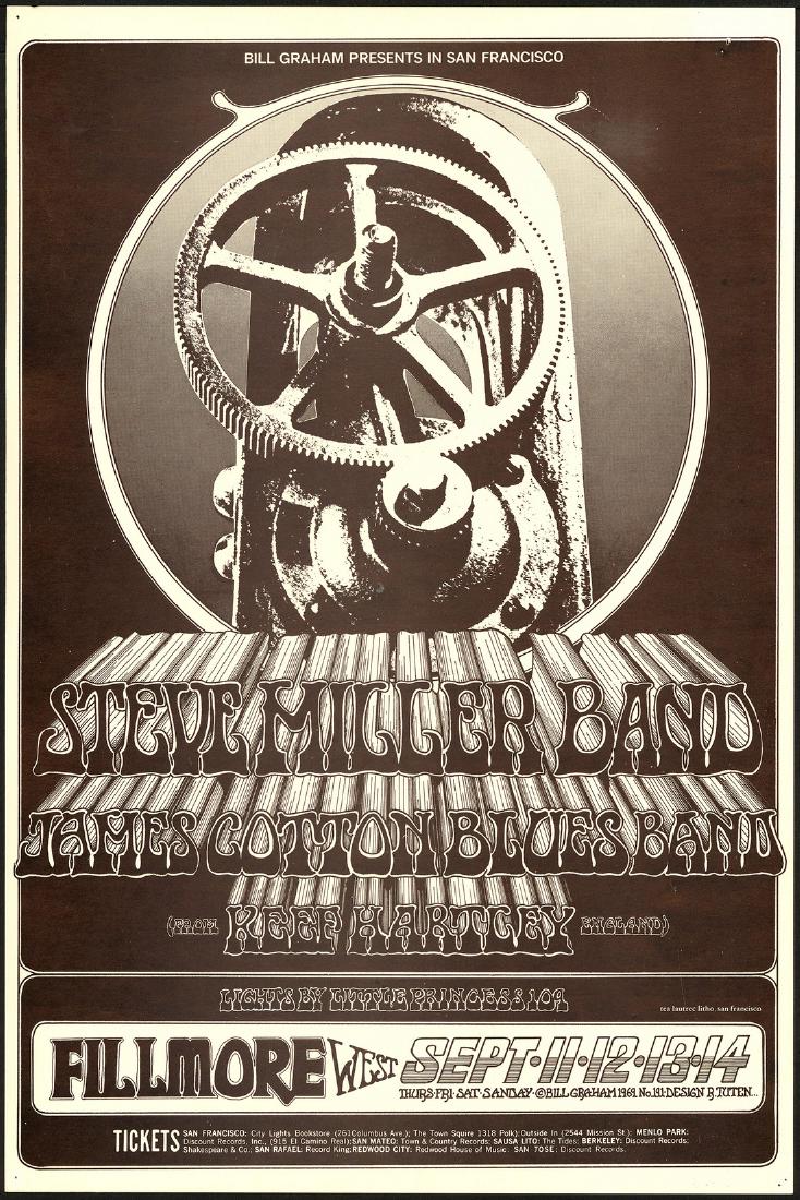 Scarce BG-191 Steve Miller Band Poster: Artist: Randy Tuten Title: Scarce BG-191 Steve Miller Band Poster Printing Date: 1969 Medium: Lithograph Size/Format: 14" x 21" Publisher: Bill Graham Series: Bill Graham Presents This simply designed
