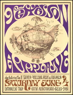 Scarce AOR 2.134 Jefferson Airplane Poster: Title: Scarce AOR 2.134 Jefferson Airplane Poster Printing Date: 1966 Medium: Lithograph Size/Format: 17" x 22" Publisher: Sparta Graphics Series: Art of Rock A third print poster that was used to pro