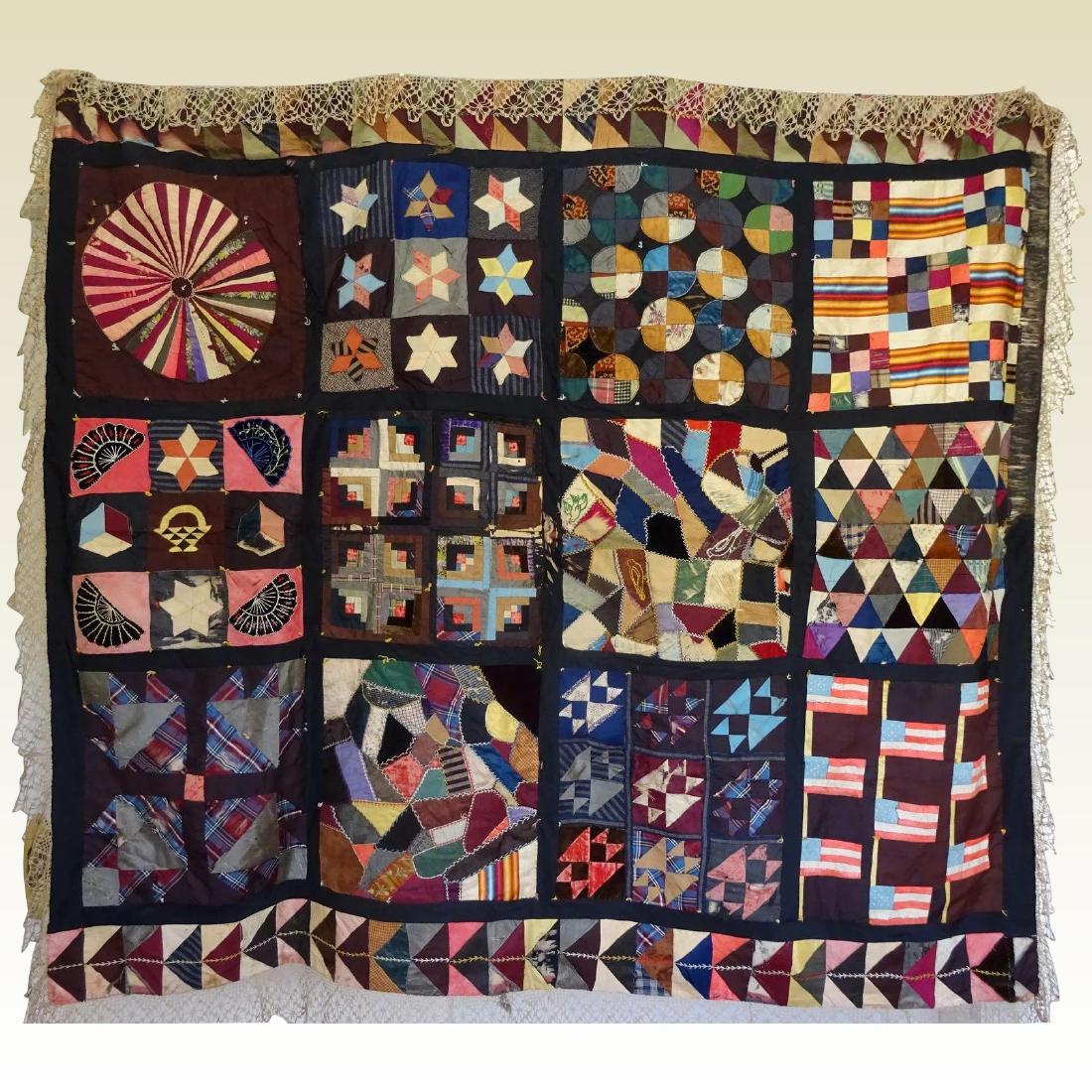 19th C. Sampler Crazy Quilt 12 Blocks American Flags (1 of 10)