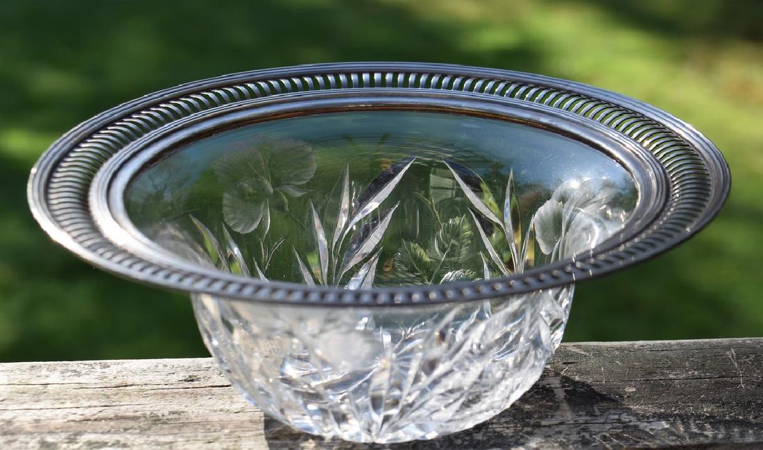 Pairpoint Glass Engraved Rose Pattern Mayonnaise Bowl: Pairpoint Glass Engraved Rose Pattern Mayonnaise Bowl with Sterling Silver Reticulated Rim Pairpoint 6 1/2" x 2 3/8" c. 1915 Signed sterling on rim, with numbers and symbols Please note that this lot 