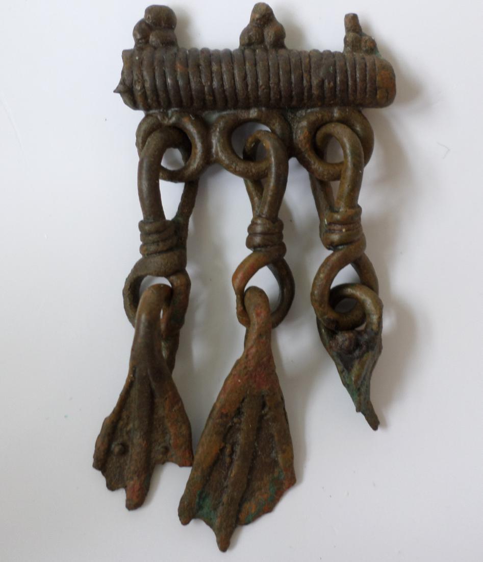 Medieval Viking Era Bronze Pendant Goose Foot Tassels: Item: Early Medieval Viking Era Bronze Pendant with Goose Foot Tassels Origin: From a private Estonian collector Date: 9th-11th century AD Materials: Bronze Dimensions: 60 x 29 mm Additional Informati