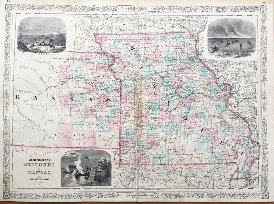 Johnson & Ward: Kansas & Missouri, 1864: The scarce and highly detailed map of the pivotal states of Missouri and Kansas near the end of the Civil War, with western Kansas still largely unorganized. In addition to showing major transcontinen