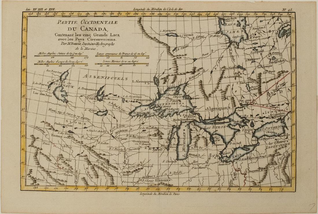 1780 Bonne Map of the Great Lakes -- Partie Occidentale: Title/Content of Map: 1780 Bonne Map of the Great Lakes -- Partie Occidentale du Canada Contenant les Cinq Grands Lacs, avec les Pays Circonvoisins Date Printed: 1780, Paris Cartographer: R. Bonne Siz