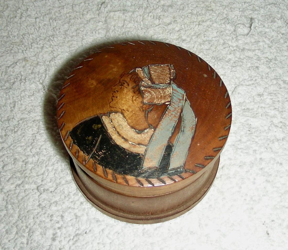 Wooden Snuff Box W/ Woman in Bonnet Etched & Painted (1 of 7)