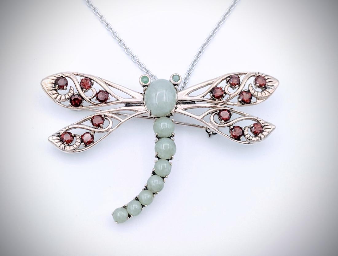 Sterling Silver Dragonfly Pendant, or Brooch with Jade, (1 of 3)
