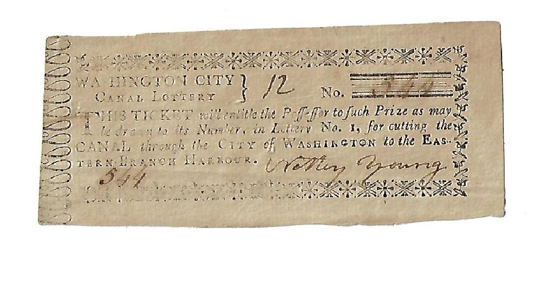 1796 Washington Canal Lottery Ticket: 1796 Washington City Canal Lottery ticket, numbered and signed. Fine condition, measures 4 x 1.5". Please note that this lot has a confidential reserve. When you leave a bid in advance of the auction,