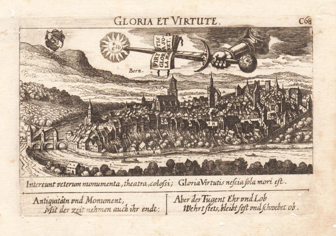 Meisner: 1630s View of the Swiss Capital of Bern: Meisner: 1630s View of the Swiss Capital of Bern A beautifully engraved bird's-eye view of Bern, Switzerland, with the armored hand of God wielding a sword and the motto "Only the Glory of Virtue Rema