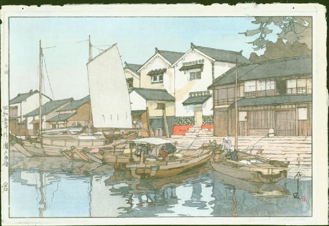 Hiroshi Yoshida Woodblock Kura in Tomonoura: Artist: Hiroshi Yoshida Kura in Tomonoura Date: 1930. Size: Oban. Approximately 15.75 x 10.75 inches. Signed and sealed in the image. Titled and signed in pencil. Jizuri seal at upper left margin indi