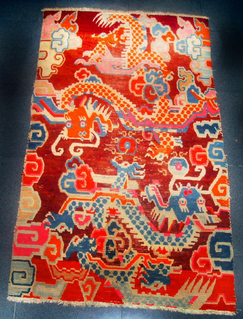 Tibetan Temple Prayer Carpet with two Dragons. 19th (1 of 6)