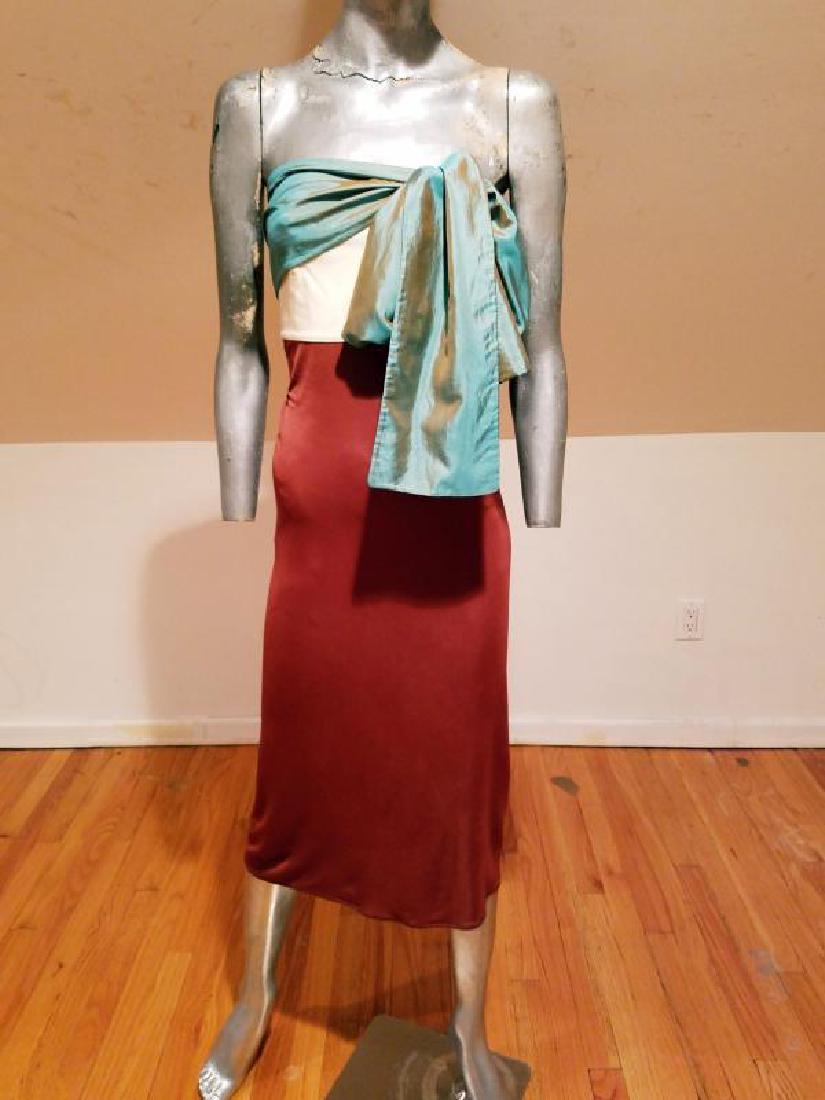 Jean Paul Gaultier Iconic dress silk sash tie strapless: Vintage Jean paul Gaultier colorblock strapless midi dress. with Ivory stretch cotton bodice,Ombre blue long silk sash ties for bustline details. Jersey bronze brown jersey mid calf skirt. Made in Ita