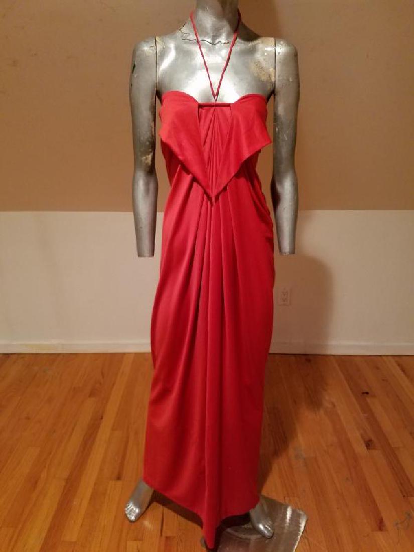 HALSTON IV strapless grecian gown circa 1970 dorian red: A stunning 1970's Halston Grecian gown in a dorian lipstick red coloration. Amazing special details and look In very good vintage condition. A size- M Please note that this lot has a confidential rese