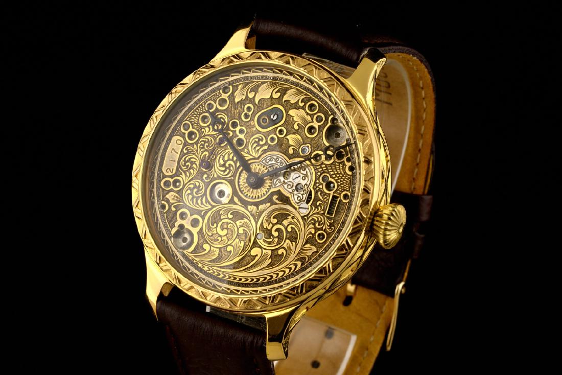 Unique Zenith Skeletor Decorated Motif Plants: Title: Unique Zenith Skeletor Decorated Motif Plants Metal Purity: golden Case Size: 46mm Bracelet Length: 22mm Movement Type: manual Please note that this lot has a confidential reserve. When you lea