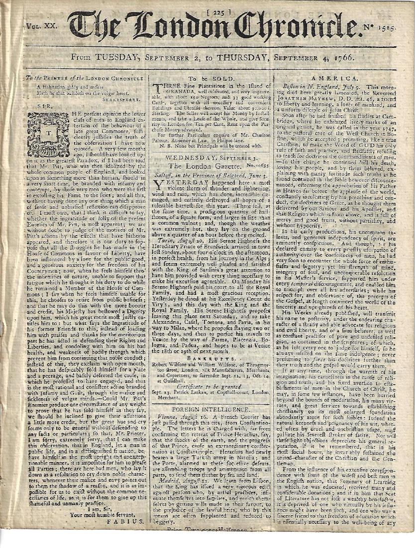 1766 issue London Chronicle Obituary New England: The September 2-4, 1766 issue of The London Chronicle, eight pages complete. Front page obituary of Jonathan Mayhew of Boston, a Reverend. Other news as well. Crop to bottom margins with loss of last 