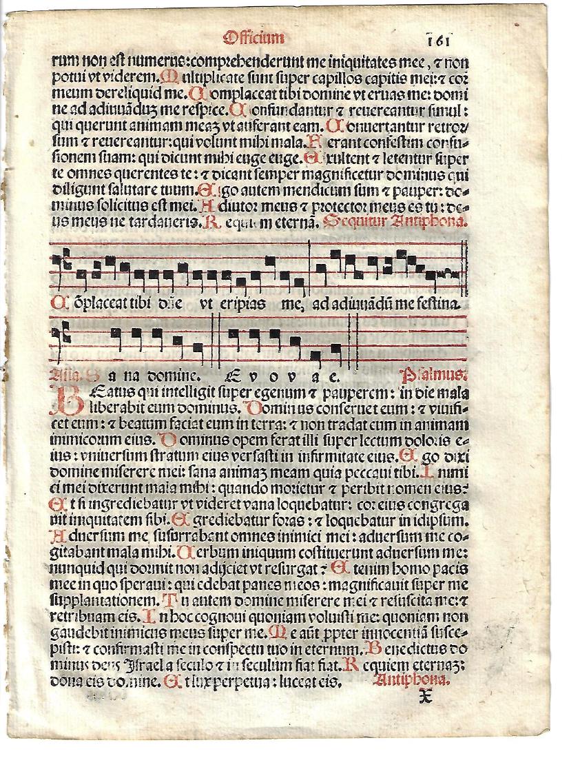 1567 Catholic Hymnal Leaf Music: 1567 Catholic hymnal leaf printed in red and black, music both sides, from "Sacerdotal ad Consuetudinem Sacro Sancte…", printed at Venice by Petri Liechtenstein. Fine, measures 6 x 8.5". Please note