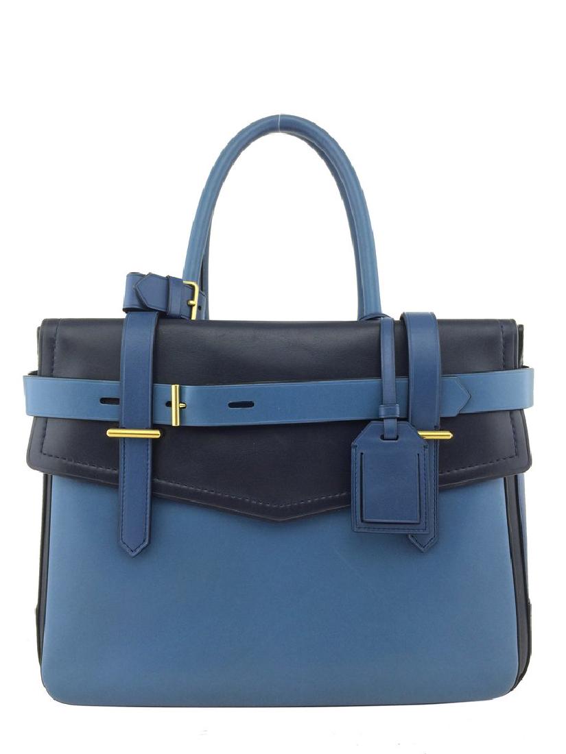 Reed Krakoff Leather Boxer Tote Bag: Reed Krakoff Leather Boxer Tote Bag from the Spring 2013 Collection crafted from color-blocked shades of navy and blue with gold-tone hardware. Featuring a front flap and back snap pocket with belted 