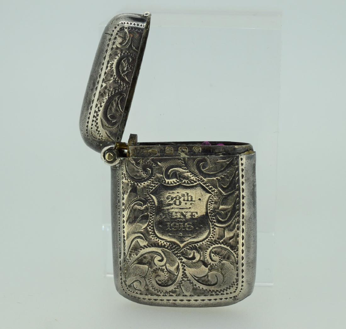 English Antique Engraved Sterling Matchbox: Item: English Antique Engraved Sterling Matchbox Brand: Unbranded Metal Purity: .925 Sterling Silver Gemstones: N/A Carat Weights TW: N/A Size/Dimensions: N/A Engraved"28th June 1916", 11.6 dwt of .92