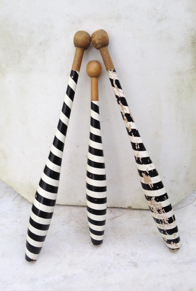 Early 20th C Set 3 Wood Carnival Painted Juggling Pins