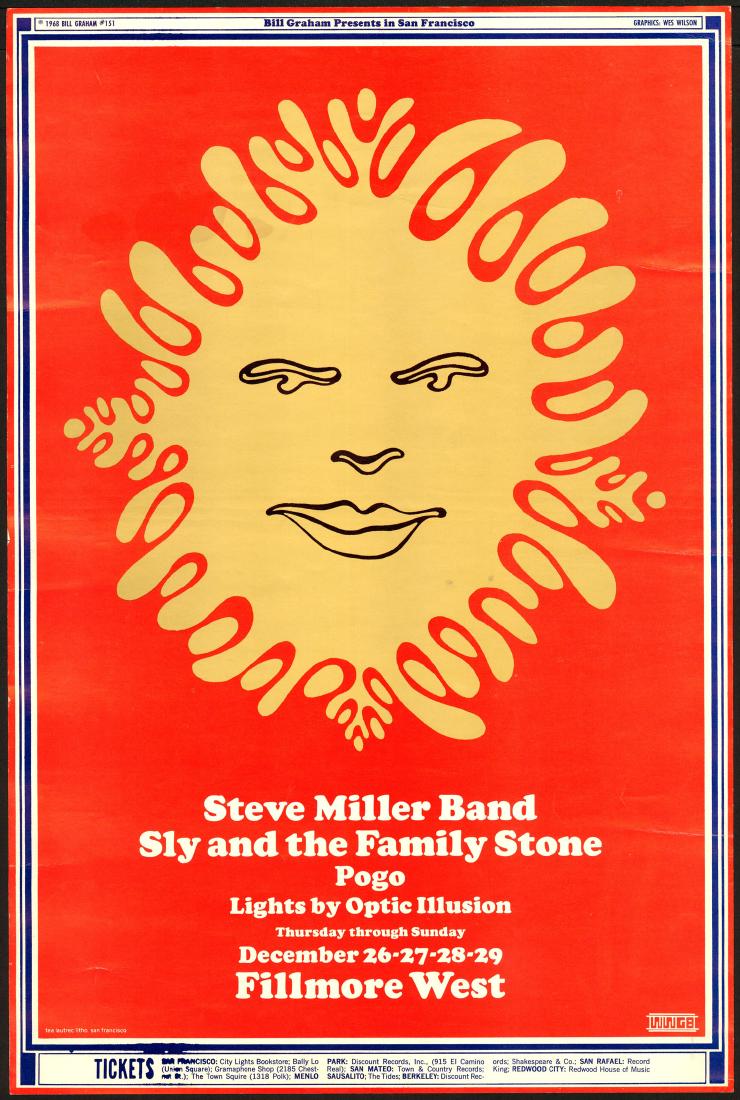 BG-151 Steve Miller Band Poster: Artist: Wes Wilson Title: BG-151 Steve Miller Band Poster Printing Date: 1968 Medium: Lithograph Size/Format: 14" x 21" Publisher: Bill Graham Series: Bill Graham Presents The image on this poster rel