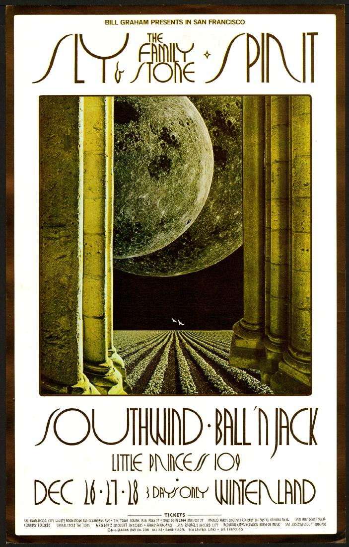 Very Nice BG-208 Spirit Poster: Artist: David Singer Title: Very Nice BG-208 Spirit Poster Printing Date: 1969 Medium: Lithograph Size/Format: 14" x 22" Publisher: Bill Graham Series: Bill Graham Presents Singer used his familiar co