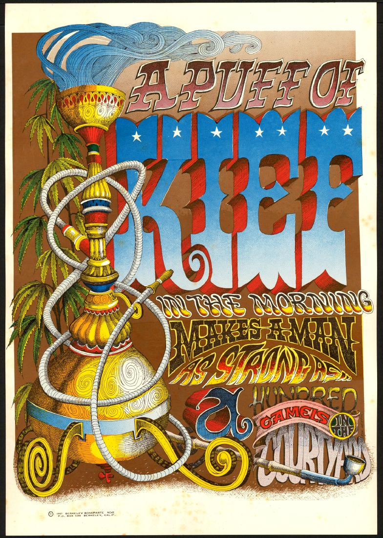 Gorgeous "Puff of Kief" Poster: Artist: Rick Griffin Title: Gorgeous "Puff of Kief" Poster Printing Date: 1967 Medium: Lithograph Size/Format: 14" x 20" Publisher: Berkeley Bonaparte Another Rick Griffin poster designed for the Berk