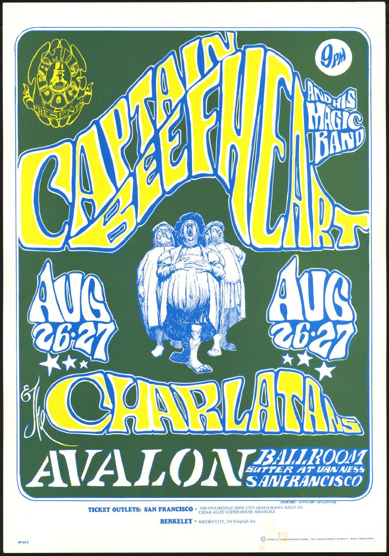 FD-23 Captain Beefheart Avalon Ballroom Poster: Artist: Stanley Mouse Title: FD-23 Captain Beefheart Avalon Ballroom Poster Printing Date: 1966 Medium: Lithograph Size/Format: 14" x 20" Publisher: Family Dog Series: Family Dog This Stanley Mouse de