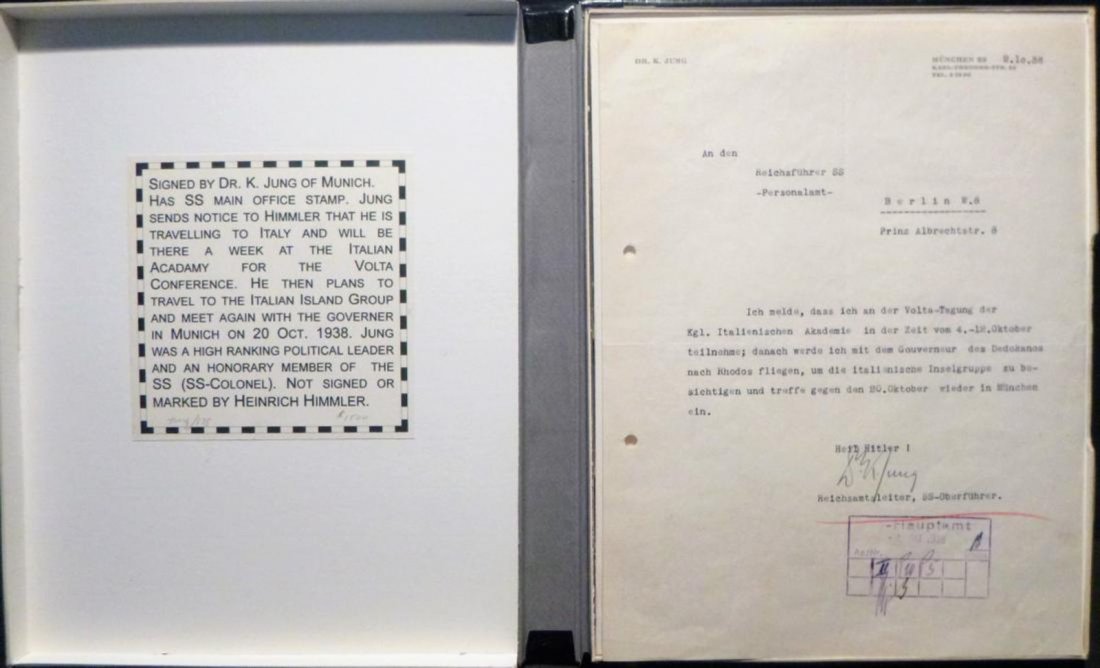 Dr. Karl Jung Signed Nazi Letter: Title: Dr. Karl Jung Signed Nazi Letter Author/Creator: Karl Jung Quite a rare letter addressed to Heinrich Himmler and signed by Karl Jung; bearing the stamp of the SS main office. Jung writes that h