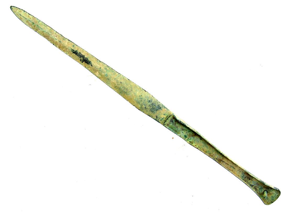 Ancient Greek Sword with Handle: Ancient Greek Sword with Handle Date: C. 1000 B.C. Material: bronze Size: 315mm; 75grams Cast Bronze Sword Blade with hollow handle grips for attachment of wood or bone inserts. Obtained from an old B