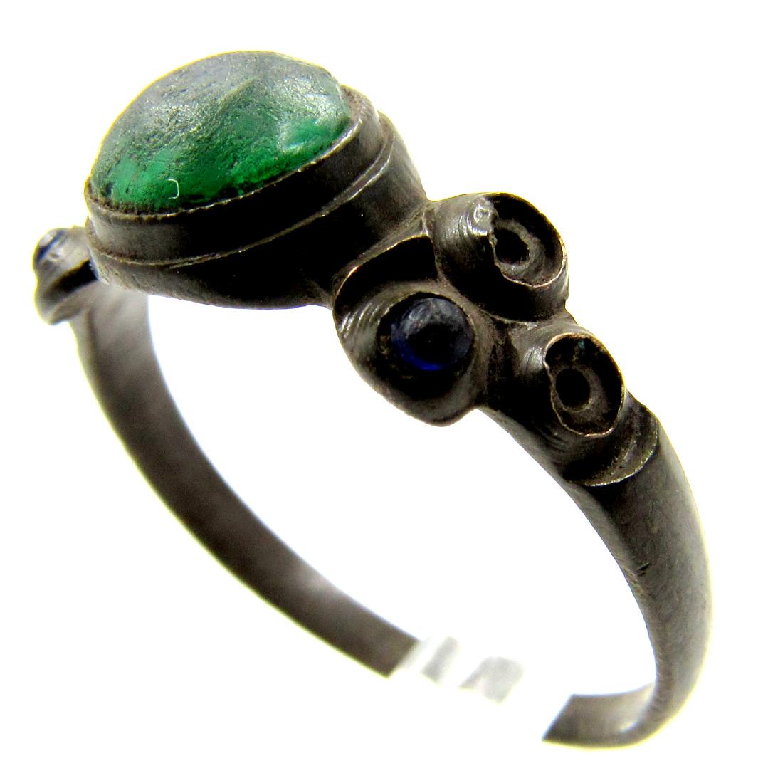 Post Medieval Bronze Ring with 1 Green & 3 Blue Stones (1 of 3)